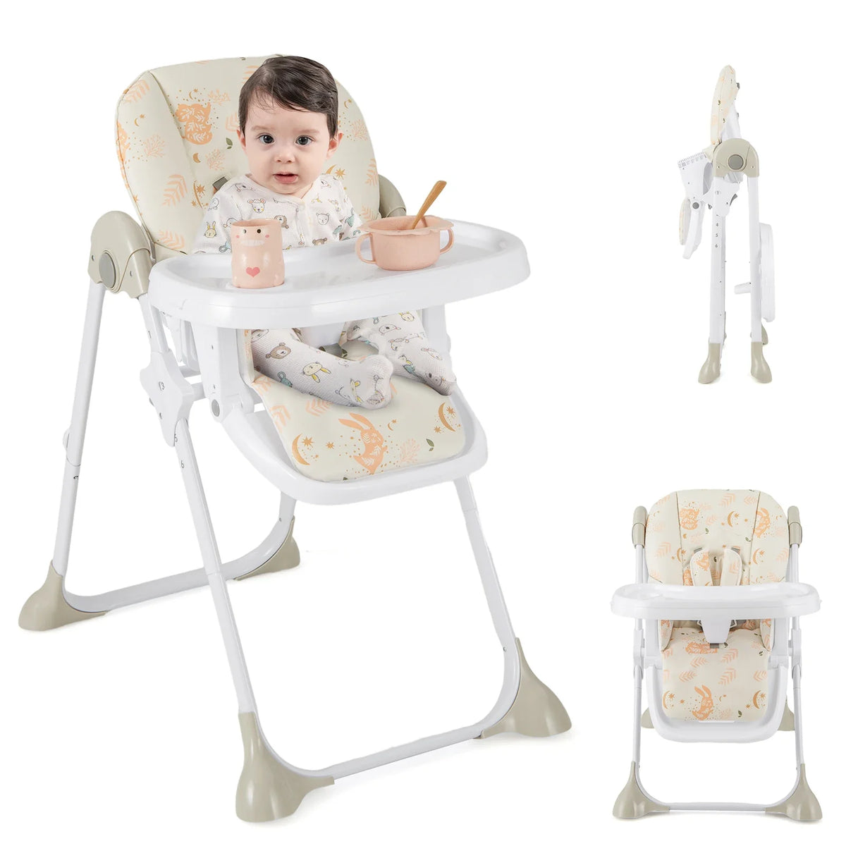 Foldable Adjustable High Chair – Cute Animal Print
