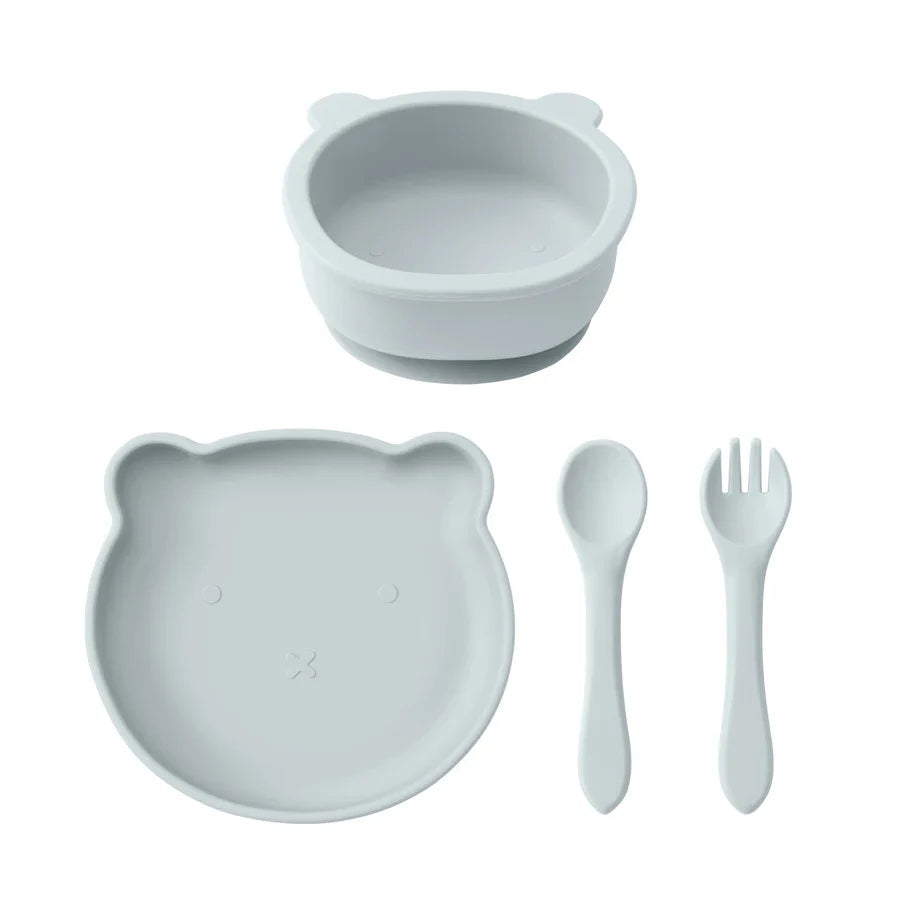 Silicone Baby Feeding Set – 4-Piece Suction Plate, Bowl, Spoon & Fork | BPA-Free | Bear Design