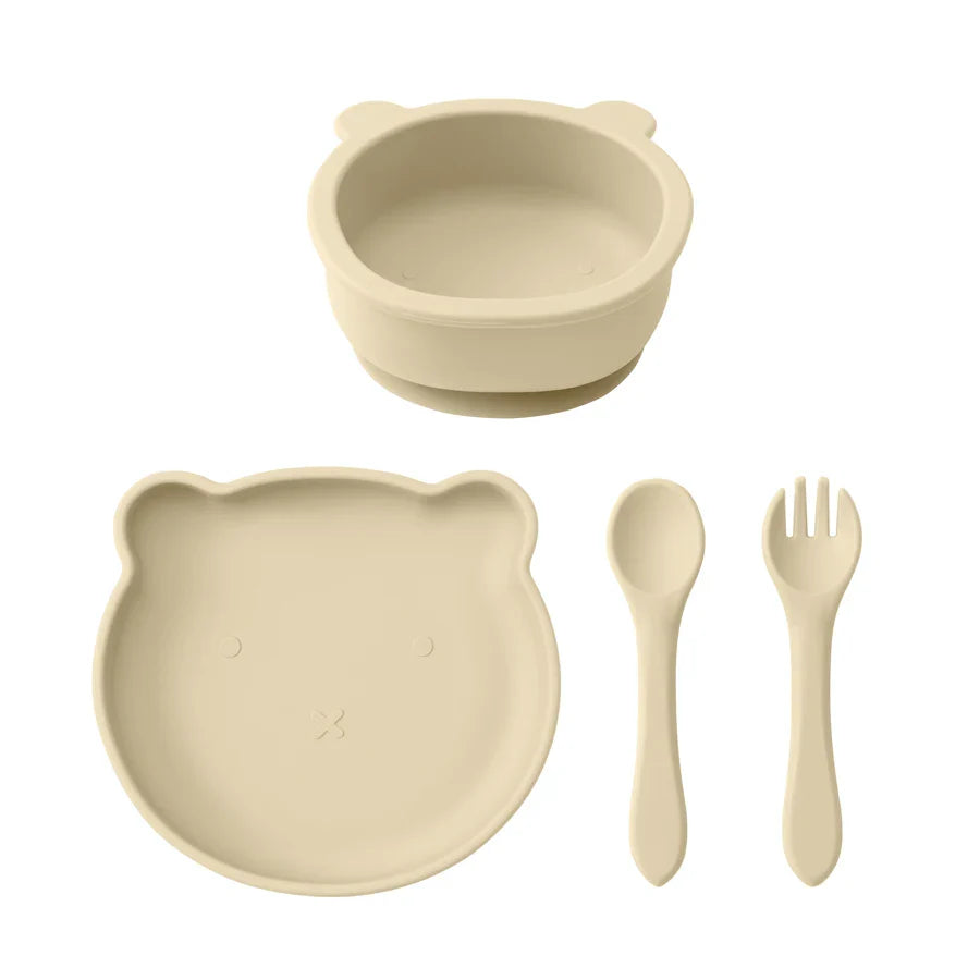 Silicone Baby Feeding Set – 4-Piece Suction Plate, Bowl, Spoon & Fork | BPA-Free | Bear Design