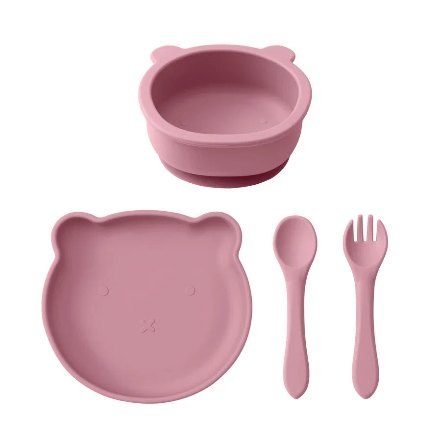 Silicone Baby Feeding Set – 4-Piece Suction Plate, Bowl, Spoon & Fork | BPA-Free | Bear Design